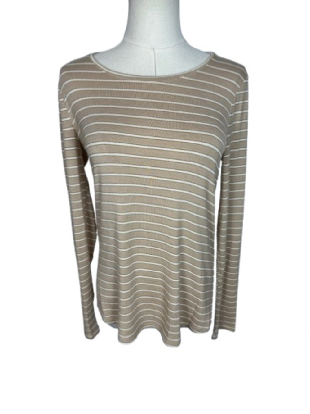 White House Black Market Beige & White Striped Long-Sleeve Top